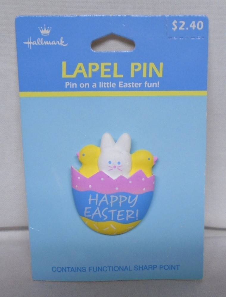 1990s Hallmark Easter Spring Plastic Lapel Pin Bunny & Chicks in Decorated Egg