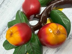 Vtg Chalkware Fruit Plaque 3D Relief Apples On A Branch Retro MCM Wall Decor