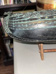 100% COPPER & WOOD NORWEGIAN VIKING SHIP W/WOODEN STAND APROX 16” L, 14” T, 4″ W