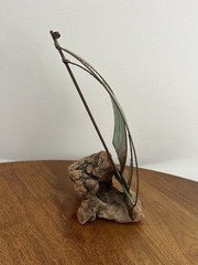Copper Metal Green Sailboat Art Figurine Sculpture Wood Base Beach Coastal 10”