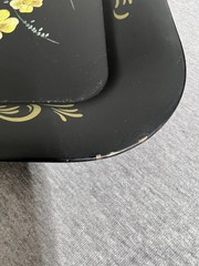 Vintage Black Metal Serving Trays Set of 6 Hand Painted Floral Rose Toleware Art