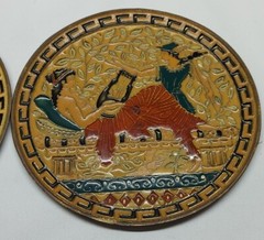 2x lot Hermes & Semeah Enamel on Brass Cloisonne Plates MCM Greece 6 1/2″ 12D
