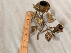 Vintage Italian Guilt Tole Candle Holder Featuring Rosebud, Leafs And Vine