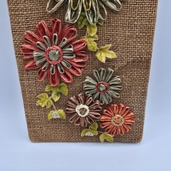Vtg floral wall plaque raffia paper media art MCM 1970’s Burlap Flowers Decor