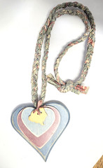 Cottagecore Blue Pink Wood Hearts Rabbit Hang Decor Braided Fabric Vtg Necklace
