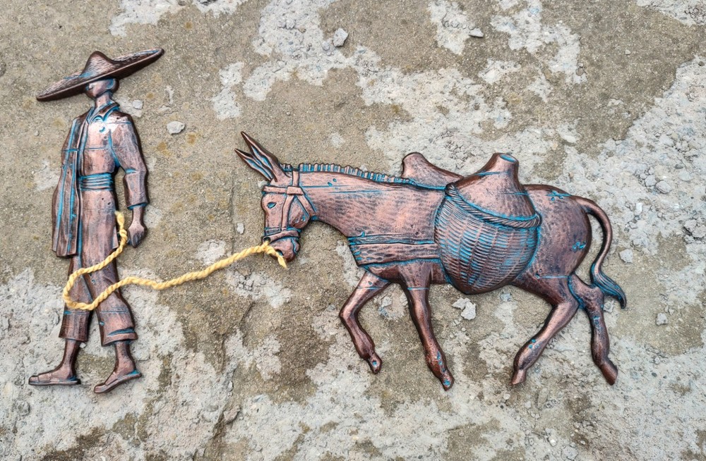 Set Of Two Vintage Mexican Man Donkey Homco Sexton Wall Decor Faux Copper Patina