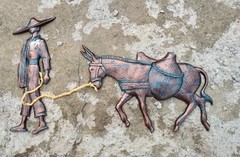 Set Of Two Vintage Mexican Man Donkey Homco Sexton Wall Decor Faux Copper Patina