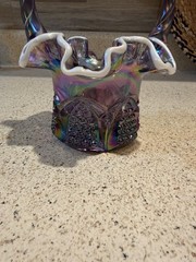 Vintage 1990’s Fenton Glass Basket 7” Tall Purple Iridescent Ruffled White Edge