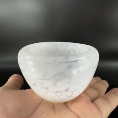 Hand Blown Art Glass Round Dish Bowl Heavy Small White Spots Hand Made Hollow