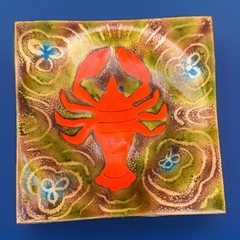 Mid-Century Modern Enamel on Copper Square Plate Trinket Dish Lobster Crawfish