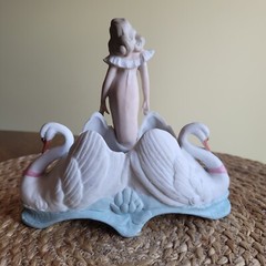 Vintage Art Nouveau Bisque Porcelain Woman with 2 Swans Planter Figurine / Read
