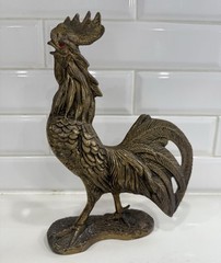 Vintage Art Nouveau Solid Brass Rooster Figurine Statuette With Red Glass Eye