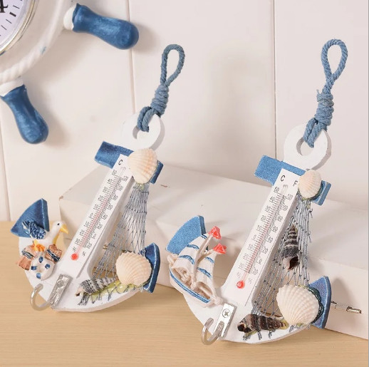 1PC Anchor Shaped Wall Hook Wood Door Hanger Nautical Conch Thermometer Decor
