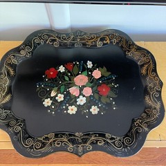 VTG Black Tole Toleware Painted Tray Scalloped Floral Cottage Goth Boho 20″x25″