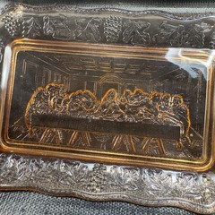 Vintage Tiara Indiana Glass Plate Tray Orange Pink The Last Supper Glass Dish