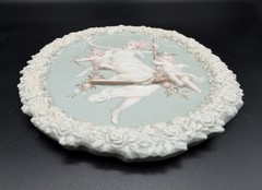 Antique SHAFER VATER Jasperware Wall Plaque Swinging Maiden Cherubs High Relief
