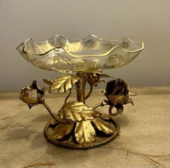 VTG Italy Gold Gilt Tole Metal Leaves/Roses Glass Candy Dish-Compote-Hollywood!