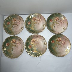 GDA Antique France Porcelain Limoges Hand Painted Tulips Green Gold Art Nouveau