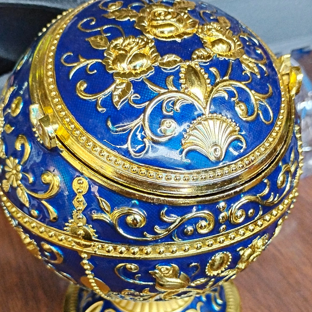 Blue & Gold Ornate Decorative Egg Trinket Box Hinged Keepsake Box