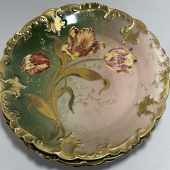 GDA Antique France Porcelain Limoges Hand Painted Tulips Green Gold Art Nouveau