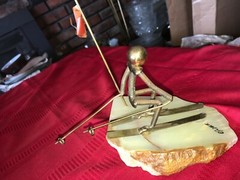 VTG John DeMott Signed Metal BRASS Downhill Skier Sculpture Quartz Base 8¾” Tall