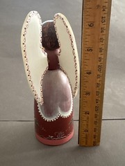 TOLE PAINTED MAUVE WOOD ANGEL HOLDING FLOWER POT SIGNED MILLIE 1987 VITNAGE
