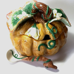 Fitz and Floyd Gardening Gourmet Majolica Pumpkin Jar with Lid and Spoon 1980’s