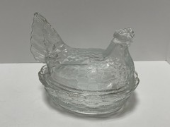 Vintage Hen on a Nest Covered Candy Dish Clear Glass Woven Basket Heavy 8” x 7”