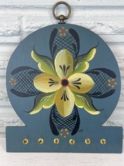 Vtg Blue Floral Tole Painting Key Necklace Holder Hanging Wall Rack Signed Boho