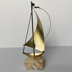John DeMott Signed Metal Brass Sailboat Sculpture On Stone Base Decor Art Sail