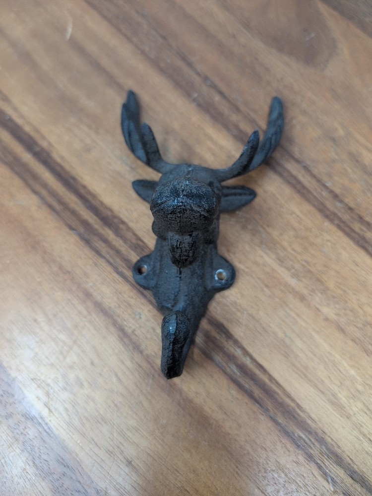 Vintage Black Cast Metal Moose Head Coat Hat Wall Mount Hanger Hook Hunter Cabin