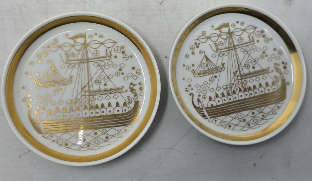 2 Vtg Porcelain Porsgrund Norway Viking Ships 4″ Mini Plate Trinket Dish Coaster