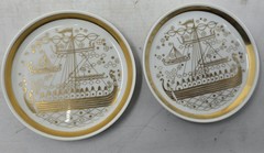 2 Vtg Porcelain Porsgrund Norway Viking Ships 4″ Mini Plate Trinket Dish Coaster