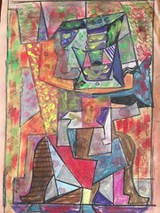 Cubist Original Watercolor Pastels Chalk Painting Signed Picasso Modern Abstract