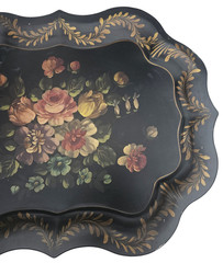 Vtg Hand Painted Toleware Tole Tray Floral Scalloped Rolled Edges XL-25″ x 19.75
