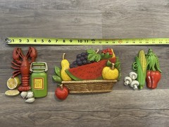 Vtg 1970s Homco Kitchen Wall Plaques Set of 3 Lobster Fruit Basket Vegetables