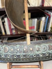 100% COPPER & WOOD NORWEGIAN VIKING SHIP W/WOODEN STAND APROX 16” L, 14” T, 4″ W