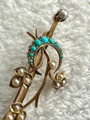 British 10k Antique Brooch Shamrock & Turquoise Moon Edwardian Style