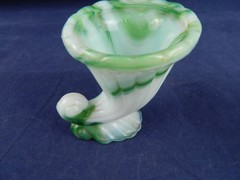 AKRO-AGATE #765 CORNUCOPIA TOOTHPICK HOLDER GREEN/WHITE SLAG GLASS, SET OF 2