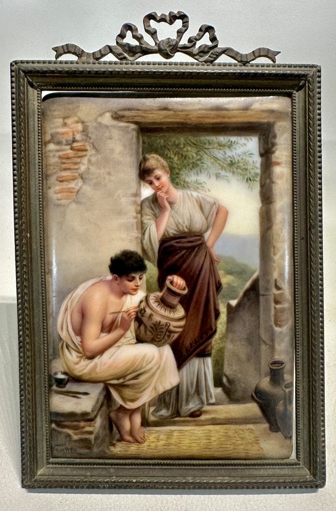Hutschenreuther Porcelain Plaque Brass Frame Wagner Kunst Bringt Gunst KPM Style