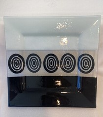 Vintage Modernist Black White Geometric Fused Glass Plate Tray 12.75” X 12.75”