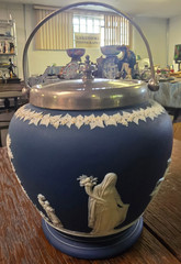 Wedgwood Blue Jasperware Cobalt Biscuit Barrel Silver Plated Lid