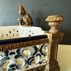 CASTILIAN Footed Centerpiece Planter Candleholder Porcelain Crackle Bronze Birds