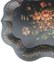 Vtg Hand Painted Toleware Tole Tray Floral Scalloped Rolled Edges XL-25″ x 19.75