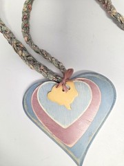 Cottagecore Blue Pink Wood Hearts Rabbit Hang Decor Braided Fabric Vtg Necklace