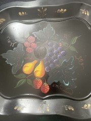 Vintage Metal Fruit Toleware Hand Painted Tray 13” x 18” Signed