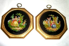 Antique French Miniature Reverse Painted Glass Plaques Romantic Couples 1930s Pr