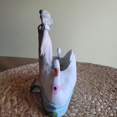 Vintage Art Nouveau Bisque Porcelain Woman with 2 Swans Planter Figurine / Read