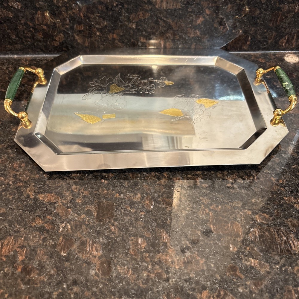 Vintage Serving Platter Inox 15/10 Steel with Green Gold Italy Beautiful Tray