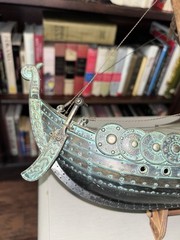 100% COPPER & WOOD NORWEGIAN VIKING SHIP W/WOODEN STAND APROX 16” L, 14” T, 4″ W